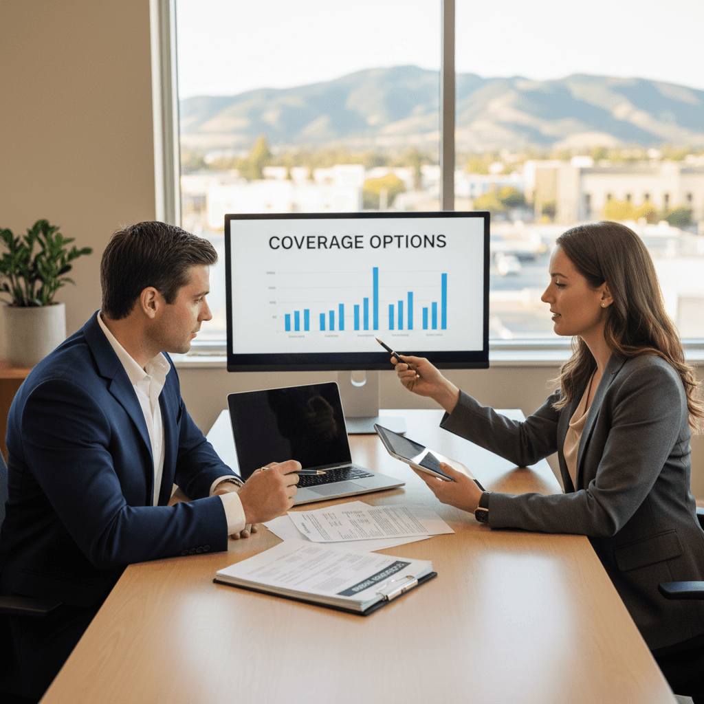 A professional editorial aesthetic medium shot of a business owner reviewing insurance documents with an agent in a modern office setting.