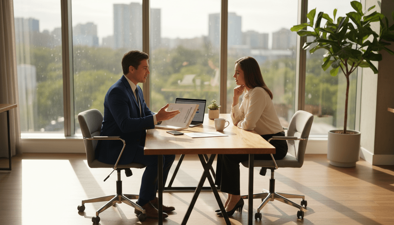 Financial advisor discussing insurance options with client at desk