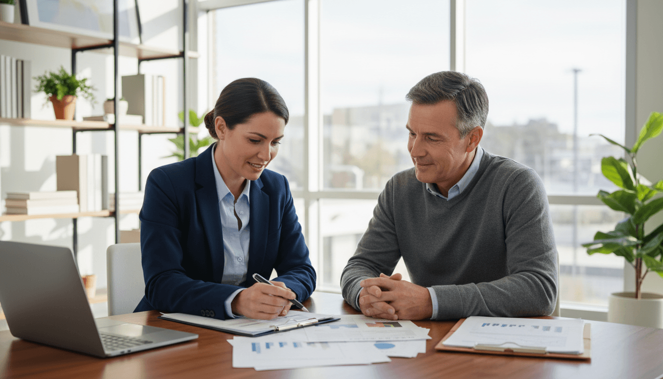 Financial advisor reviewing insurance documents with client in modern office