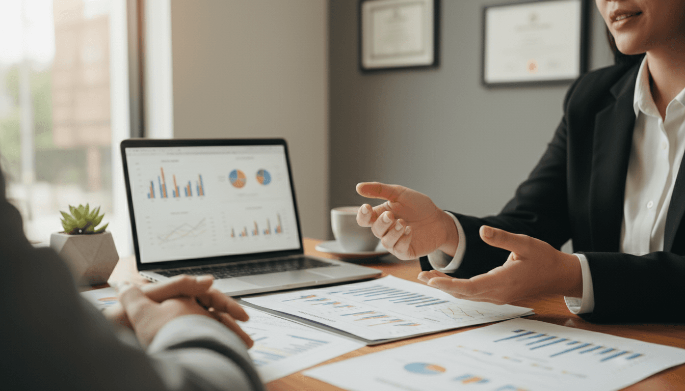 Insurance advisor discussing coverage options with client at wooden desk