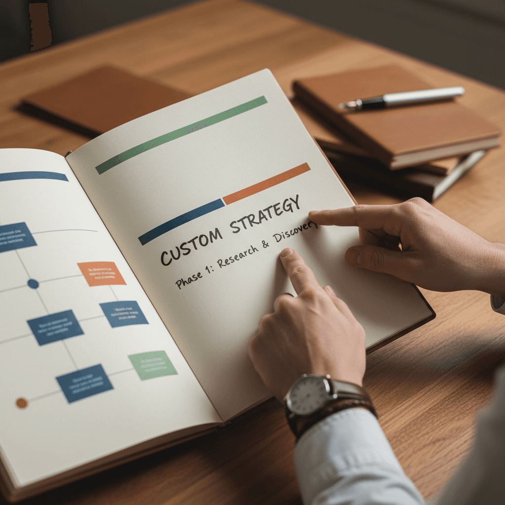 Service professional's hands presenting customized service proposal with detailed notes and highlighted personalized solutions documentation