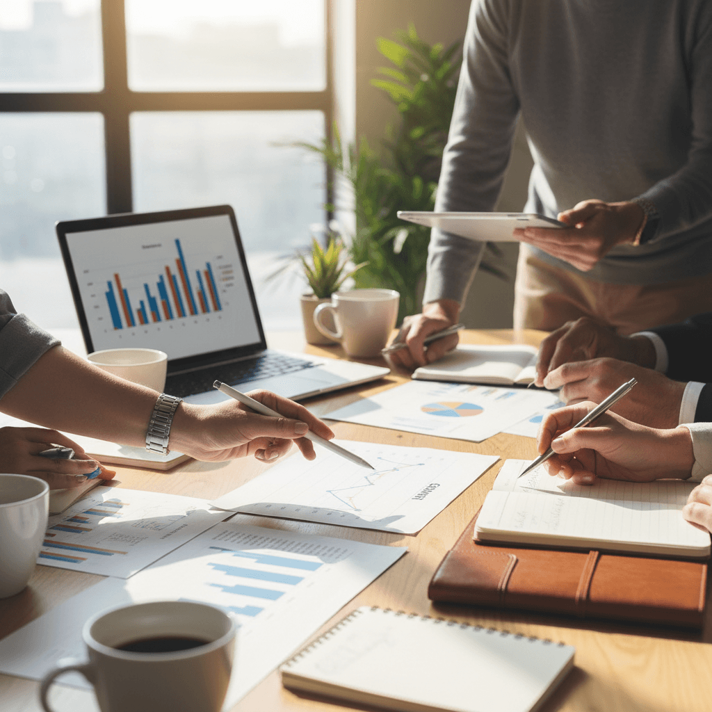 Diverse group's hands collaborating around financial documents and growth charts on wooden table